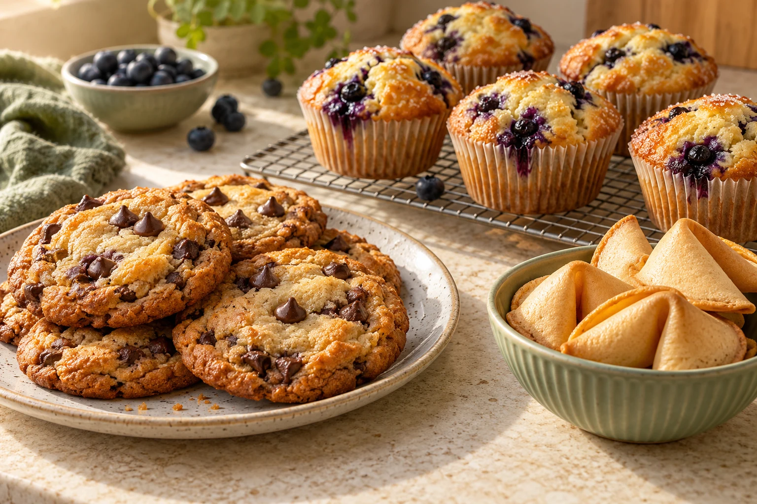 Golden chocolate-chip cookies, blueberry muffins, and fortune cookies