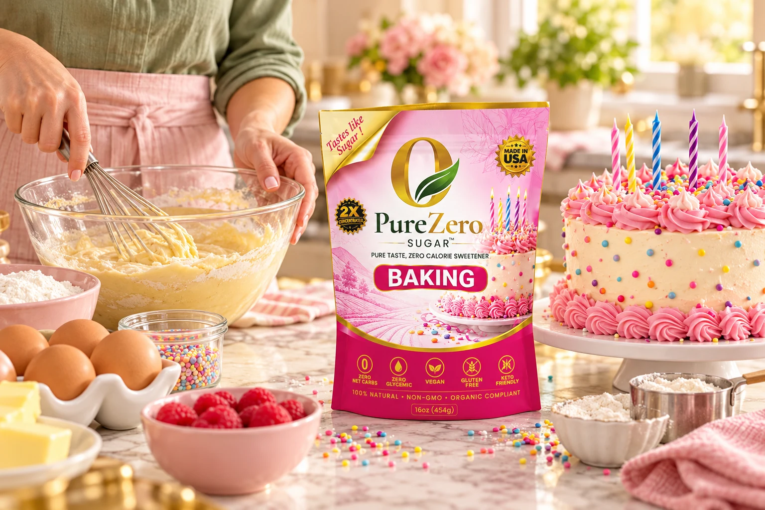 Birthday cake being made with Pure Zero Sugar Baking, with batter mixing and a pink frosted cake
