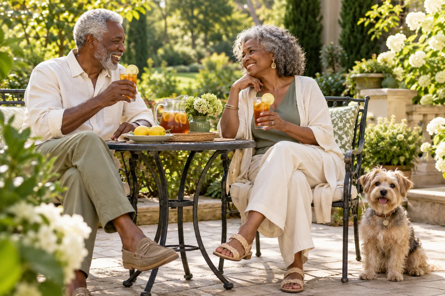 Smiling African American baby boomer couple enjoying iced tea on a garden patio with their small dog