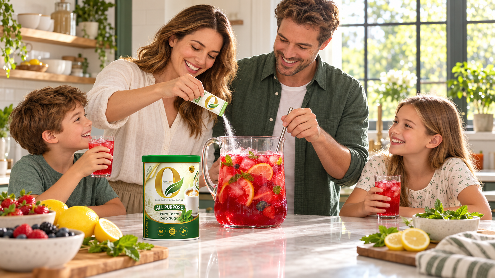 Smiling Caucasian family mixing Pure Zero Sugar into a pitcher of red fruit punch and enjoying the refreshment