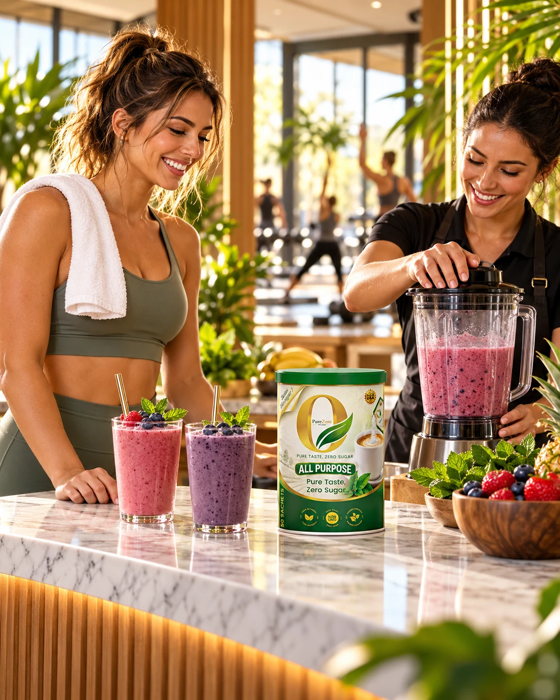 Smoothies prepared with Pure Zero Sugar at a luxury health club