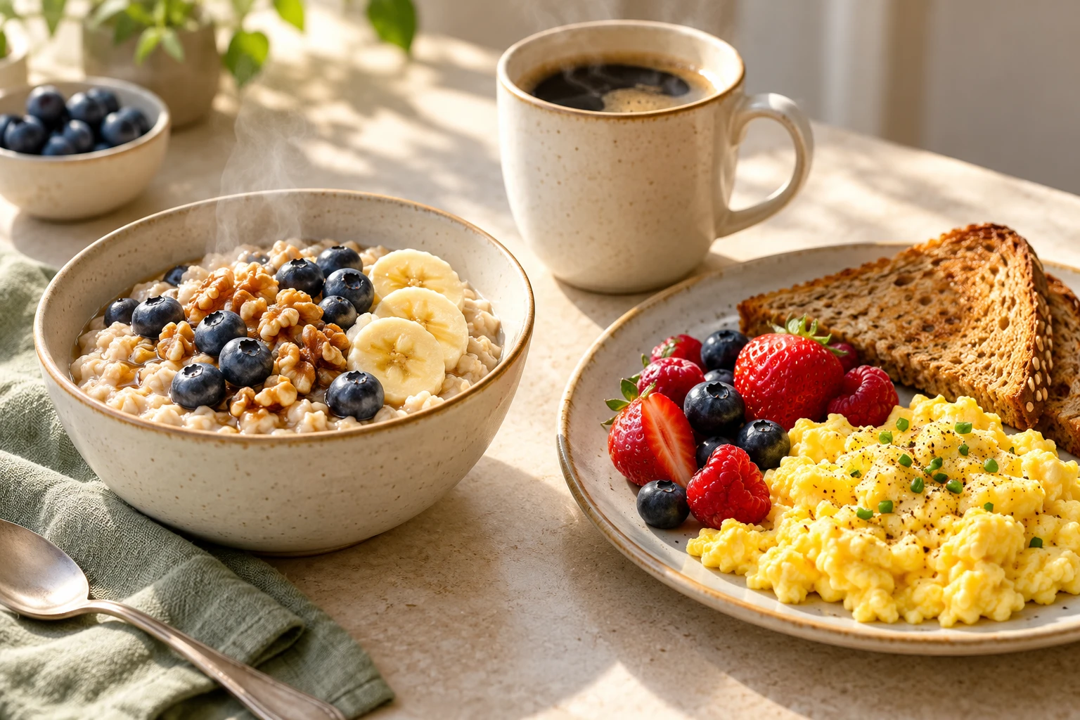 Hot oatmeal, coffee, eggs, whole grain toast and fresh berries