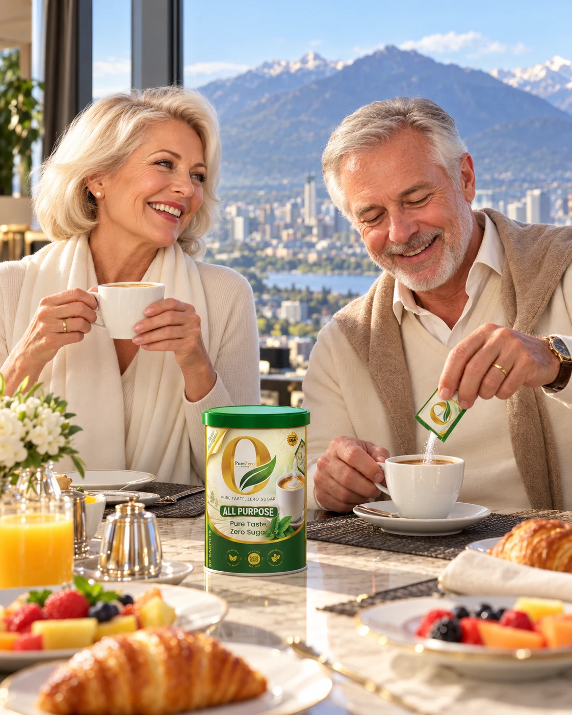White baby boomer couple enjoying coffee and pouring Pure Zero Sugar into a cup at a luxury hotel with a view
