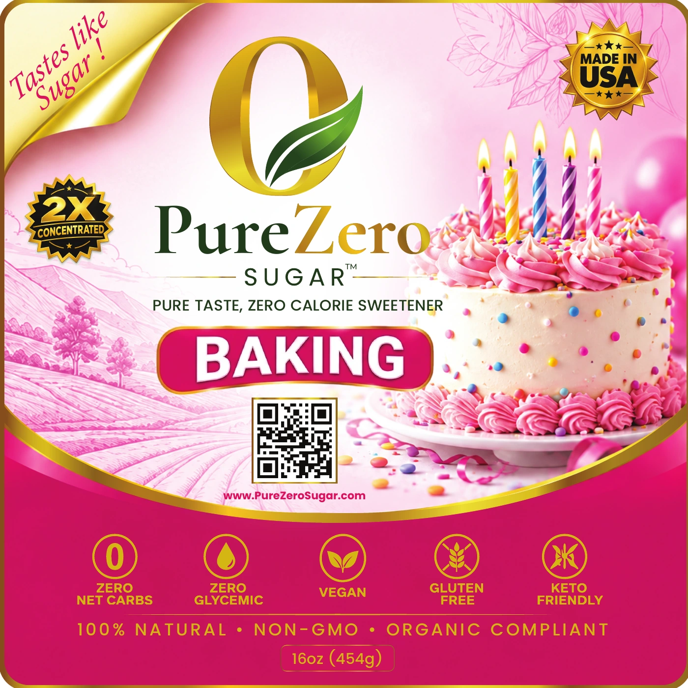 Pure Zero Sugar Baking pink and gold product label